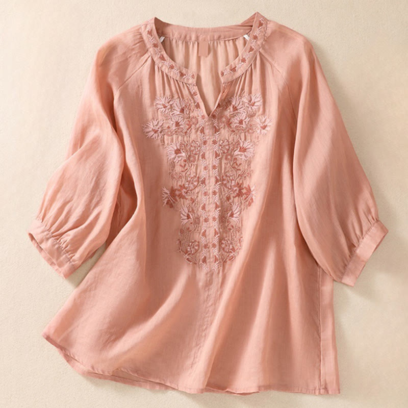 Chemise femme en coton et lin à manches trois-quarts et motif brodé de Buddha Stones  - Saumon clair - US8-10，UK/AU12-14，EU40-42 (2XL) - image 0