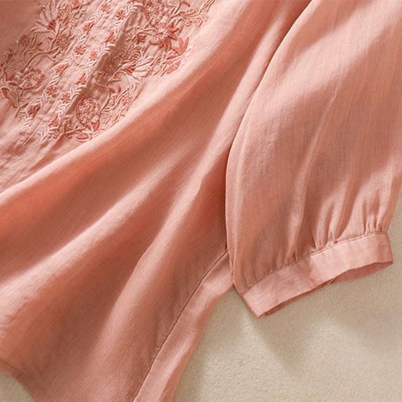 Chemise femme en coton et lin à manches trois-quarts et motif brodé de Buddha Stones