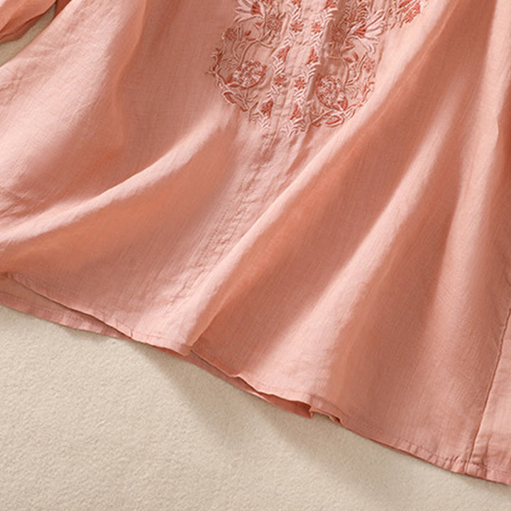 Chemise femme en coton et lin à manches trois-quarts et motif brodé de Buddha Stones
