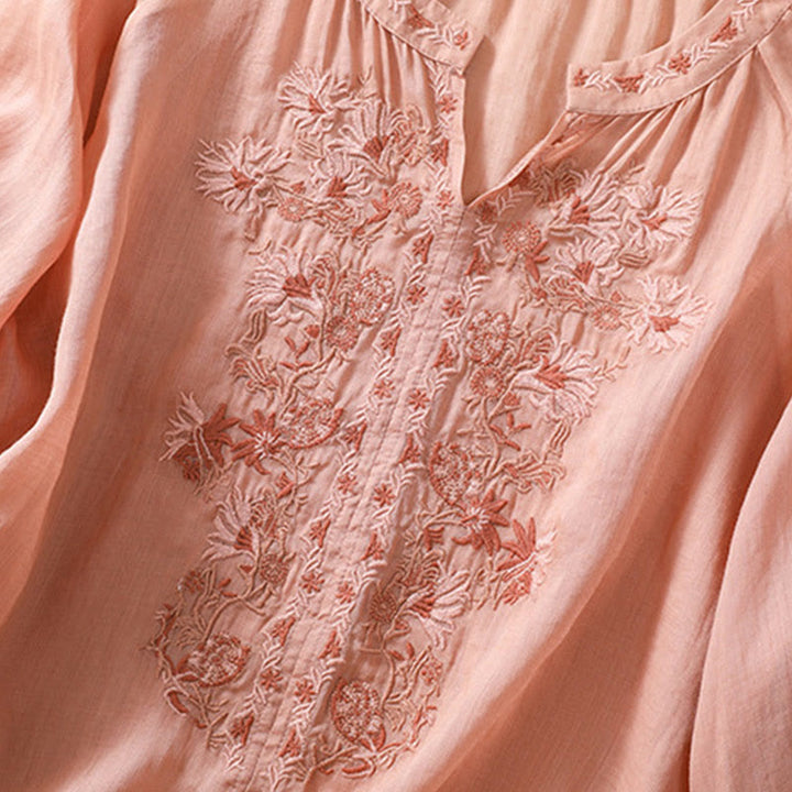 Chemise femme en coton et lin à manches trois-quarts et motif brodé de Buddha Stones