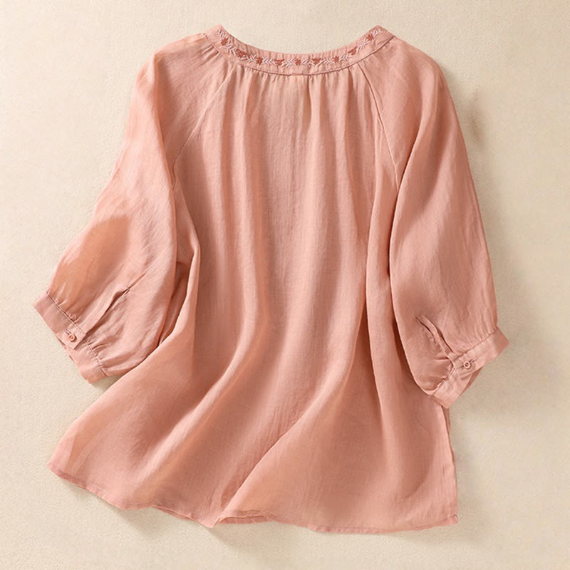 Chemise femme en coton et lin à manches trois-quarts et motif brodé de Buddha Stones