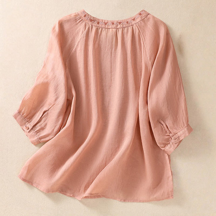 Chemise femme en coton et lin à manches trois-quarts et motif brodé de Buddha Stones