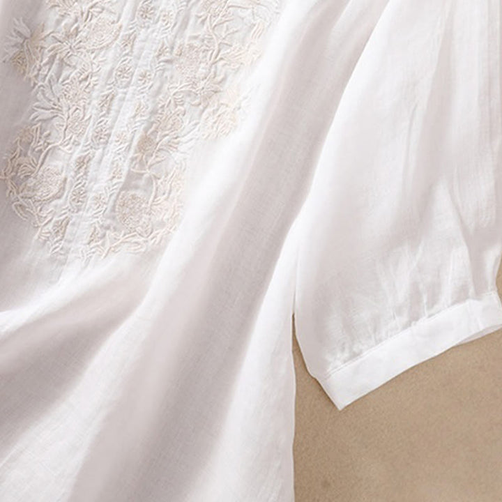 Chemise femme en coton et lin à manches trois-quarts et motif brodé de Buddha Stones