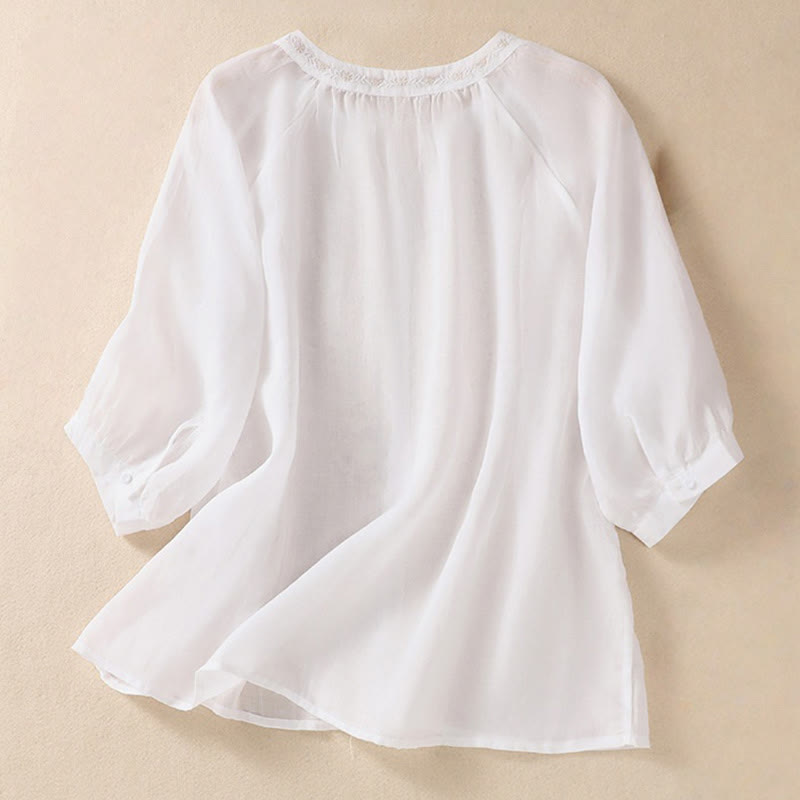 Chemise femme en coton et lin à manches trois-quarts et motif brodé de Buddha Stones