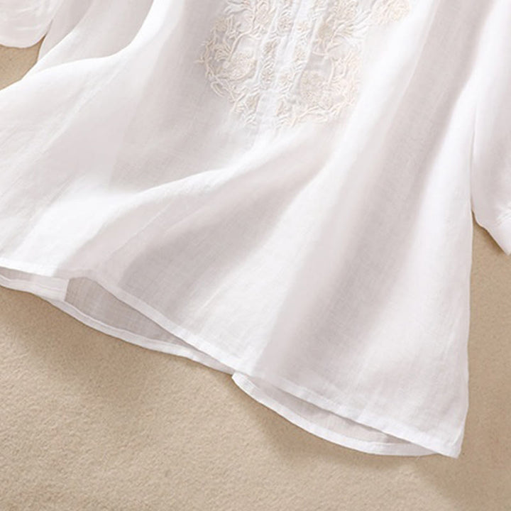 Chemise femme en coton et lin à manches trois-quarts et motif brodé de Buddha Stones
