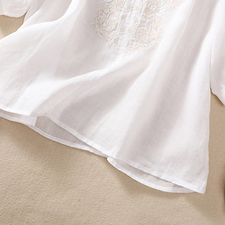 Chemise femme en coton et lin à manches trois-quarts et motif brodé de Buddha Stones