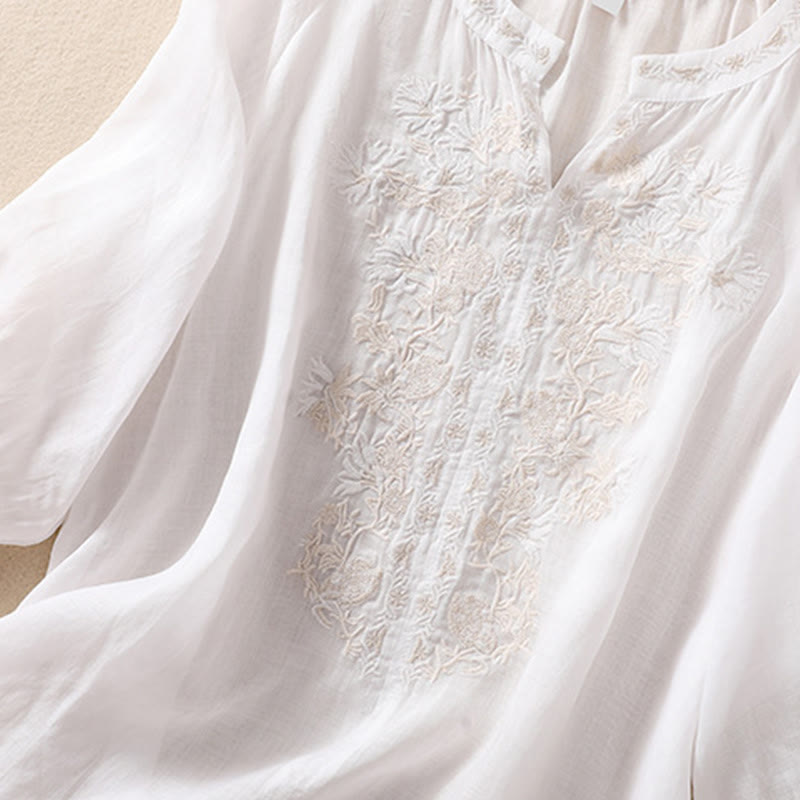 Chemise femme en coton et lin à manches trois-quarts et motif brodé de Buddha Stones