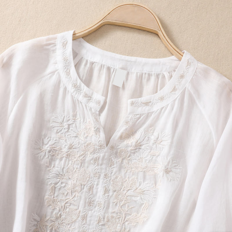 Chemise femme en coton et lin à manches trois-quarts et motif brodé de Buddha Stones