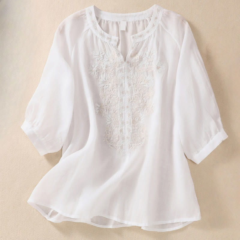 Chemise femme en coton et lin à manches trois-quarts et motif brodé de Buddha Stones