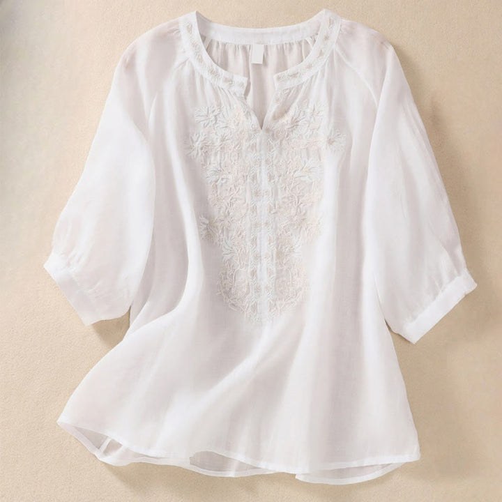 Chemise femme en coton et lin à manches trois-quarts et motif brodé de Buddha Stones