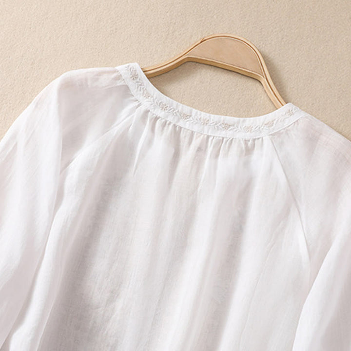 Chemise femme en coton et lin à manches trois-quarts et motif brodé de Buddha Stones