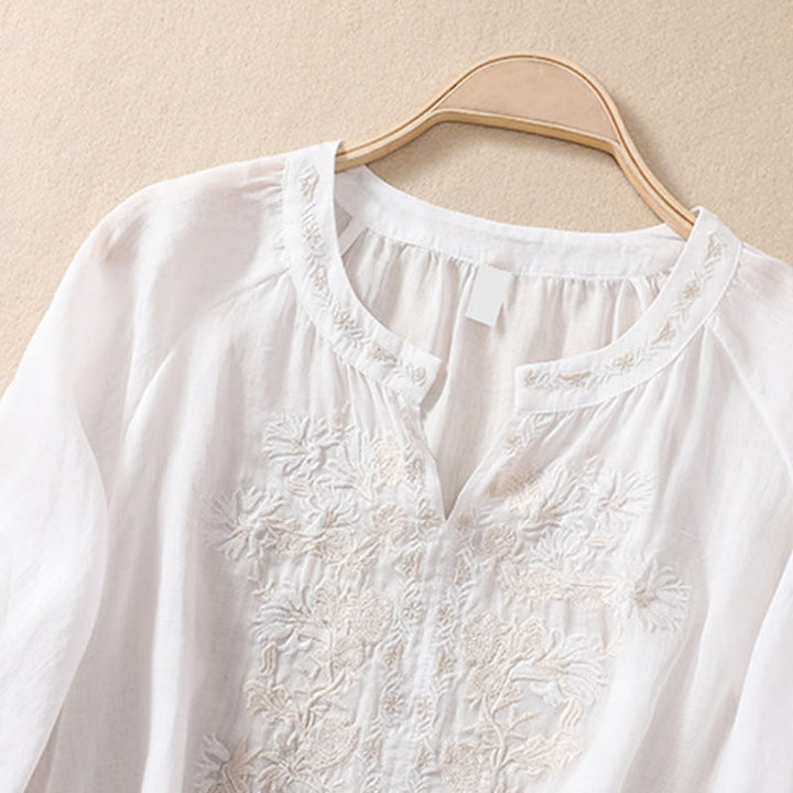 Chemise femme en coton et lin à manches trois-quarts et motif brodé de Buddha Stones