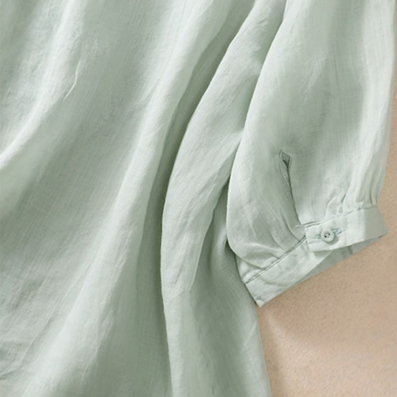 Chemise femme en coton et lin à manches trois-quarts et motif brodé de Buddha Stones