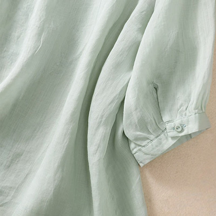 Chemise femme en coton et lin à manches trois-quarts et motif brodé de Buddha Stones