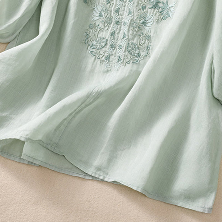 Chemise femme en coton et lin à manches trois-quarts et motif brodé de Buddha Stones