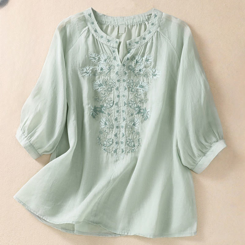 Chemise femme en coton et lin à manches trois-quarts et motif brodé de Buddha Stones