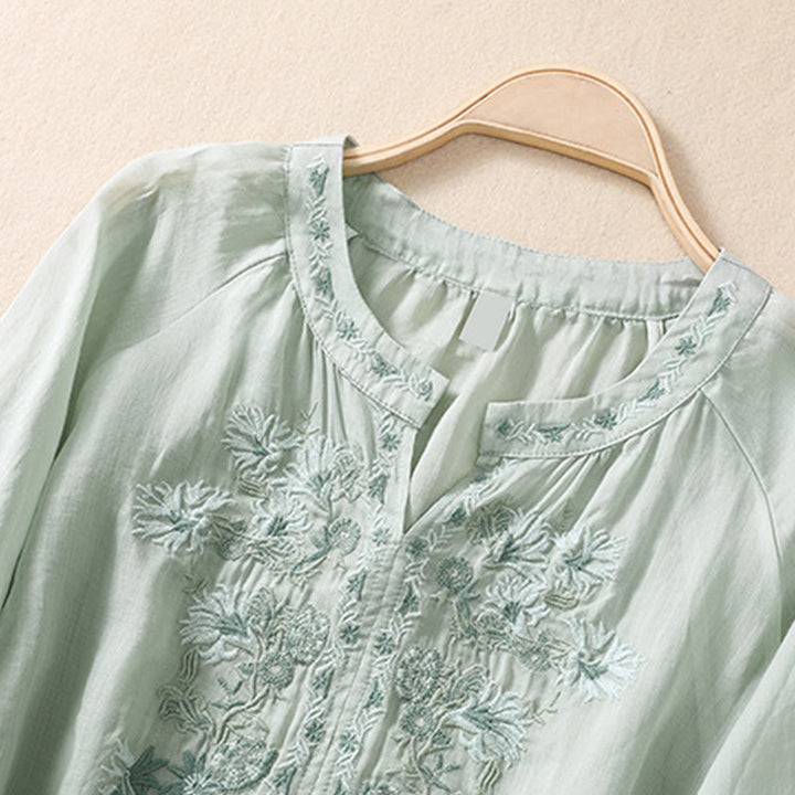 Chemise femme en coton et lin à manches trois-quarts et motif brodé de Buddha Stones