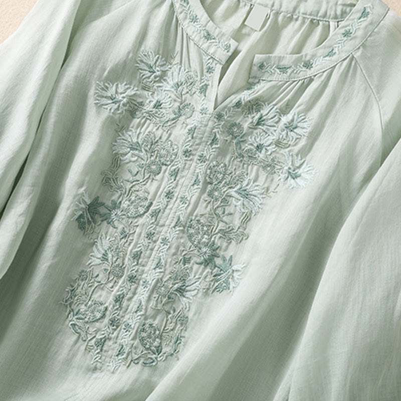 Chemise femme en coton et lin à manches trois-quarts et motif brodé de Buddha Stones