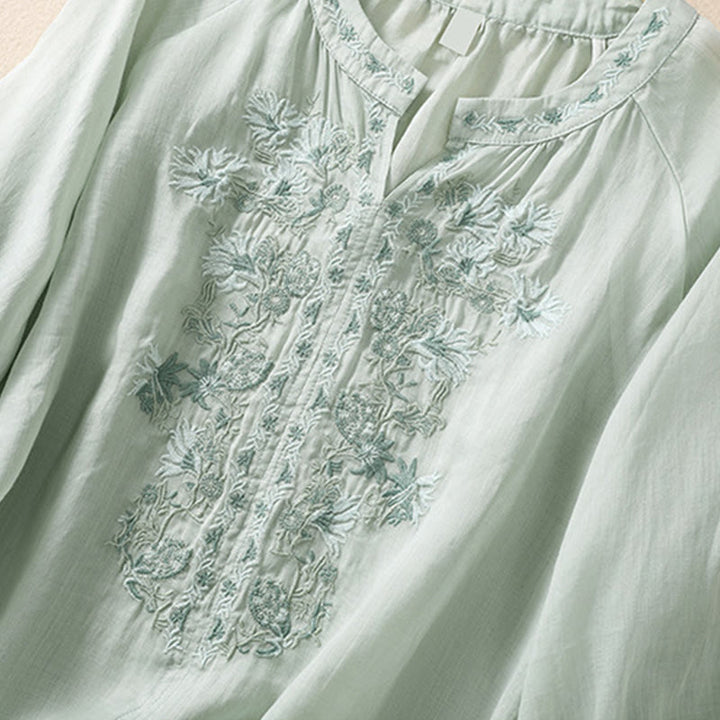 Chemise femme en coton et lin à manches trois-quarts et motif brodé de Buddha Stones