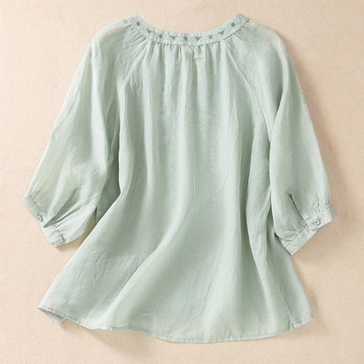 Chemise femme en coton et lin à manches trois-quarts et motif brodé de Buddha Stones