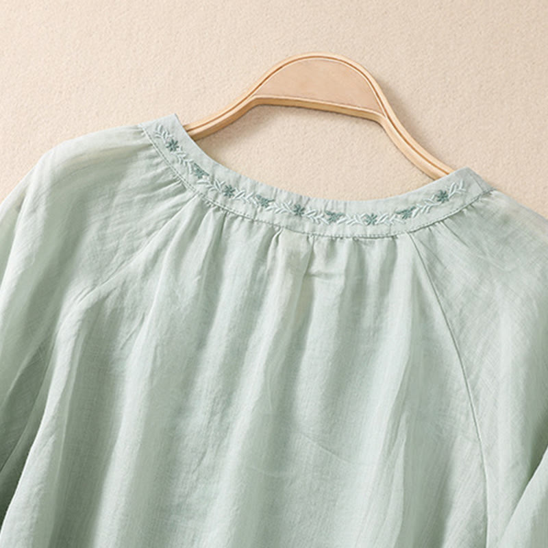 Chemise femme en coton et lin à manches trois-quarts et motif brodé de Buddha Stones