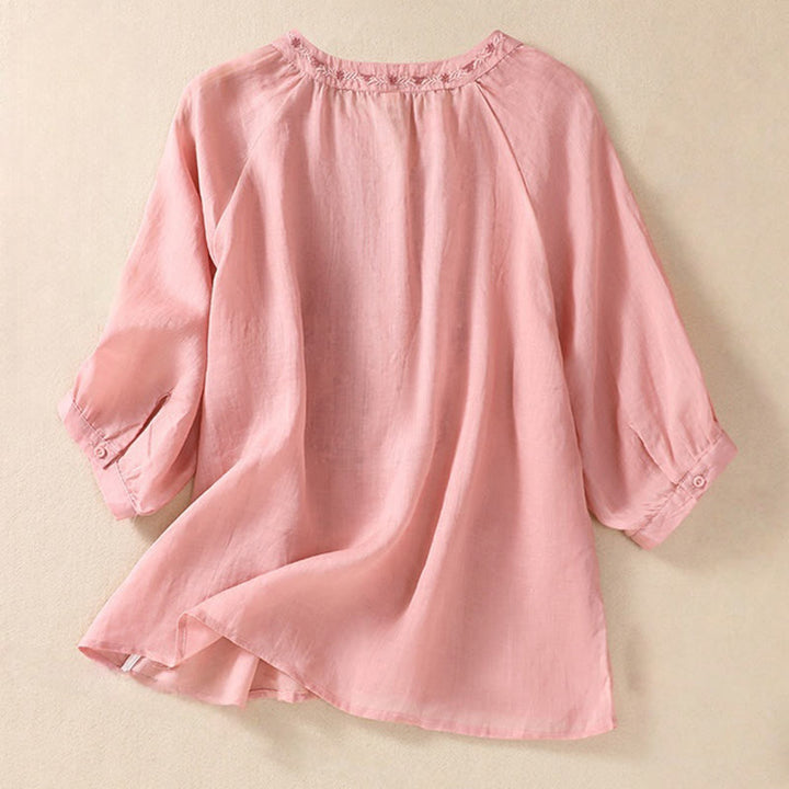 Chemise femme en coton et lin à manches trois-quarts et motif brodé de Buddha Stones