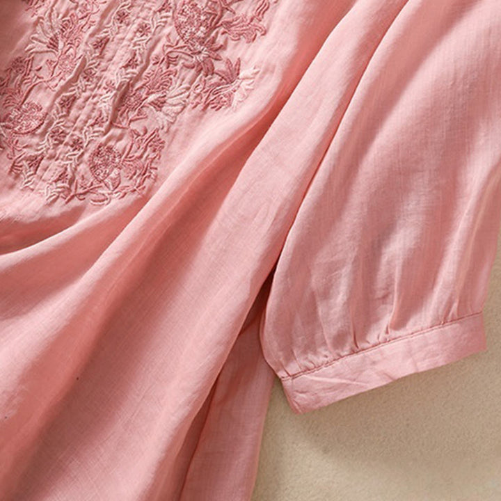 Chemise femme en coton et lin à manches trois-quarts et motif brodé de Buddha Stones