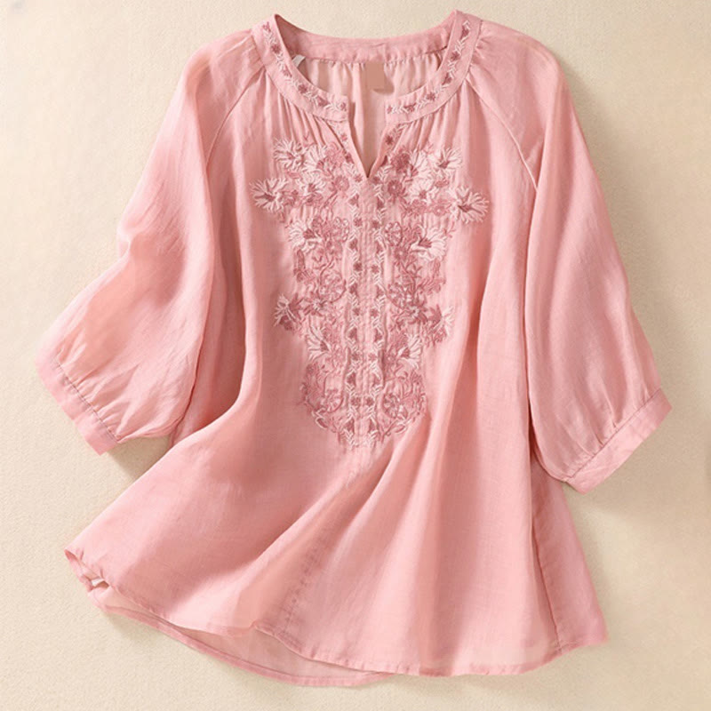 Chemise femme en coton et lin à manches trois-quarts et motif brodé de Buddha Stones