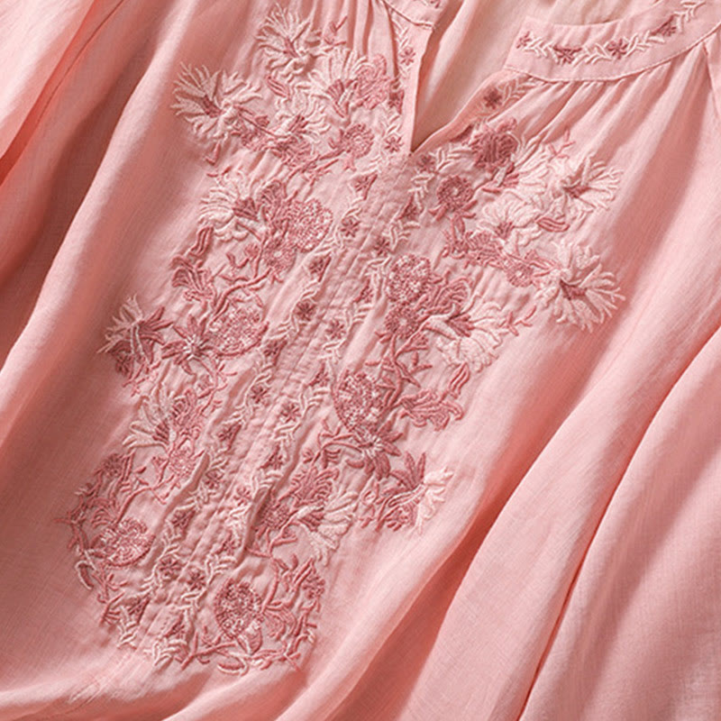 Chemise femme en coton et lin à manches trois-quarts et motif brodé de Buddha Stones