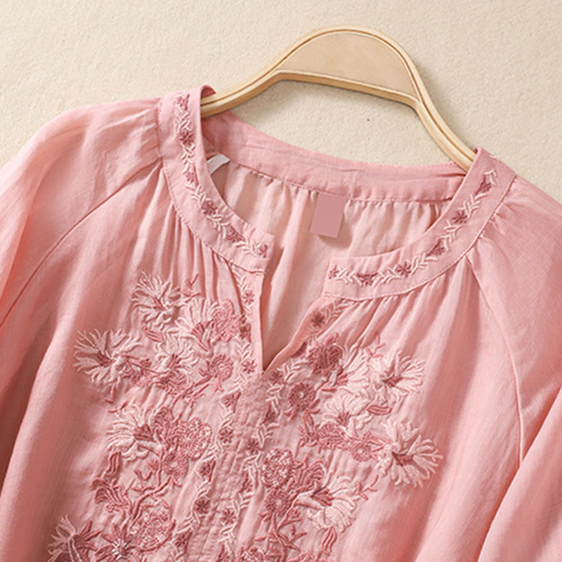 Chemise femme en coton et lin à manches trois-quarts et motif brodé de Buddha Stones