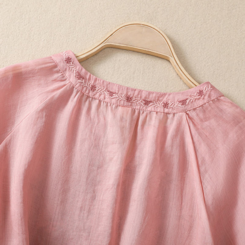 Chemise femme en coton et lin à manches trois-quarts et motif brodé de Buddha Stones