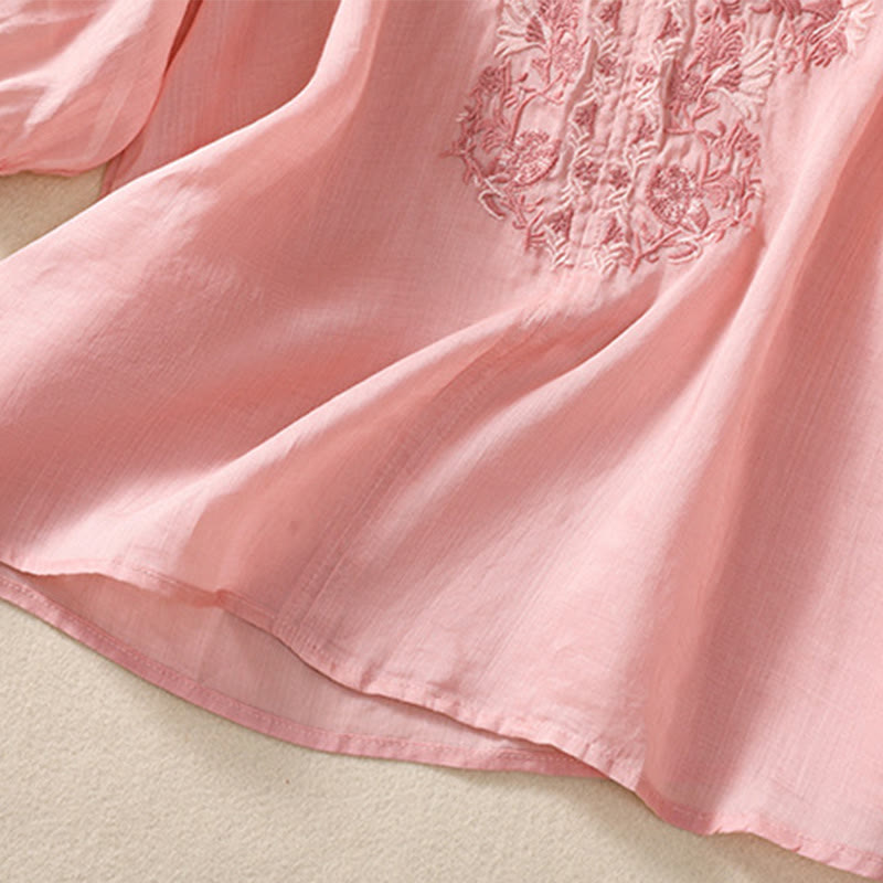 Chemise femme en coton et lin à manches trois-quarts et motif brodé de Buddha Stones