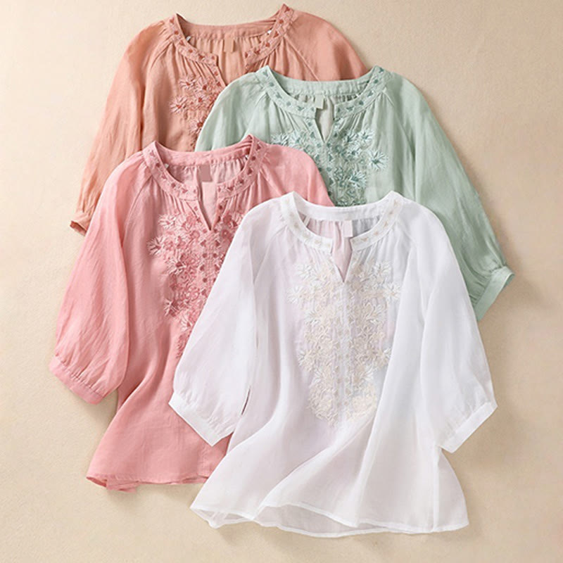 Chemise femme en coton et lin à manches trois-quarts et motif brodé de Buddha Stones