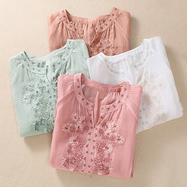 Chemise femme en coton et lin à manches trois-quarts et motif brodé de Buddha Stones