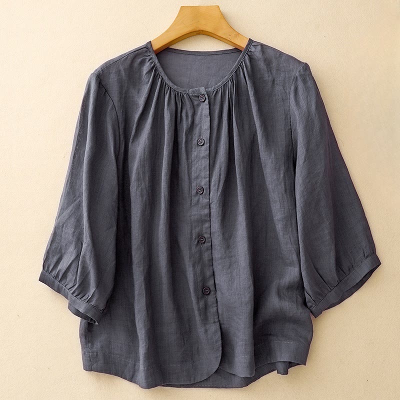 Chemise à manches trois-quarts en coton mélangé pour femme, motif Buddha Stones, col ras du cou et boutons unis - Marine - US14，UK/AU18，EU46 (2XL) - image 0