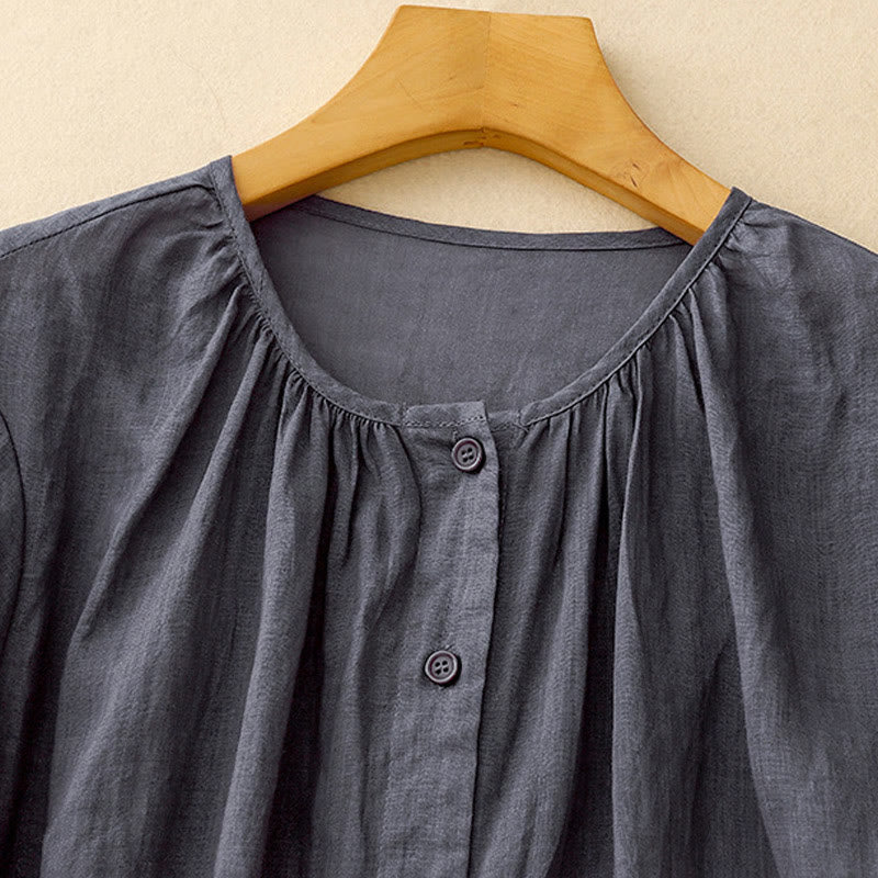 Chemise à manches trois-quarts pour femme, en mélange de matières, avec col rond et boutons, motif Buddha Stones - image 1