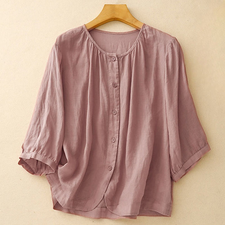 Chemise à manches trois-quarts en coton mélangé pour femme, motif Buddha Stones, col ras du cou et boutons unis - Violet pâle Rouge - US14，UK/AU18，EU46 (2XL) - image 5