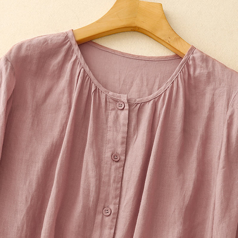 Chemise à manches trois-quarts pour femme, en mélange de matières, avec col rond et boutons, motif Buddha Stones - image 7