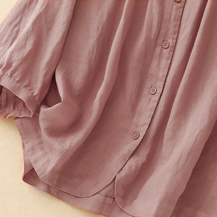 Chemise à manches trois-quarts pour femme, en mélange de matières, avec col rond et boutons, motif Buddha Stones - image 10