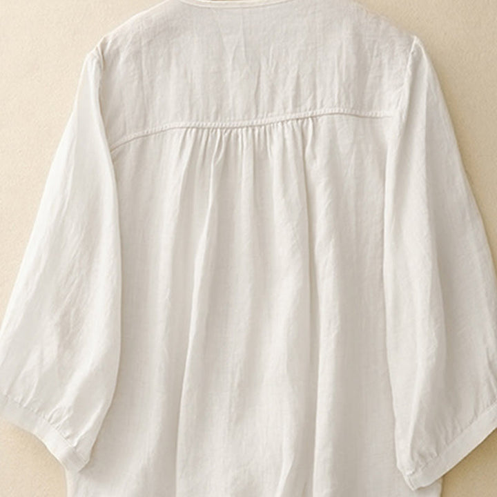 Chemise à manches trois-quarts pour femme, en mélange de matières, avec col rond et boutons, motif Buddha Stones - image 18