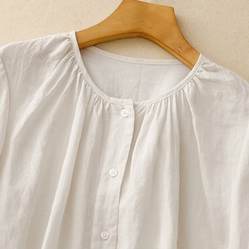 Chemise à manches trois-quarts pour femme, en mélange de matières, avec col rond et boutons, motif Buddha Stones - image 13