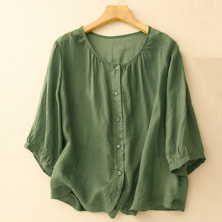Chemise à manches trois-quarts en coton mélangé pour femme, motif Buddha Stones, col ras du cou et boutons unis - Vert - US14，UK/AU18，EU46 (2XL) - image 21