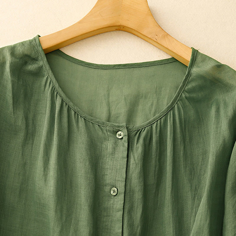 Chemise à manches trois-quarts pour femme, en mélange de matières, avec col rond et boutons, motif Buddha Stones - image 23