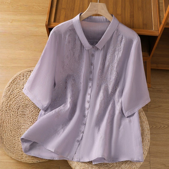 Chemise à manches courtes en coton pour femme avec col montant et boutons brodés de Buddha Stones