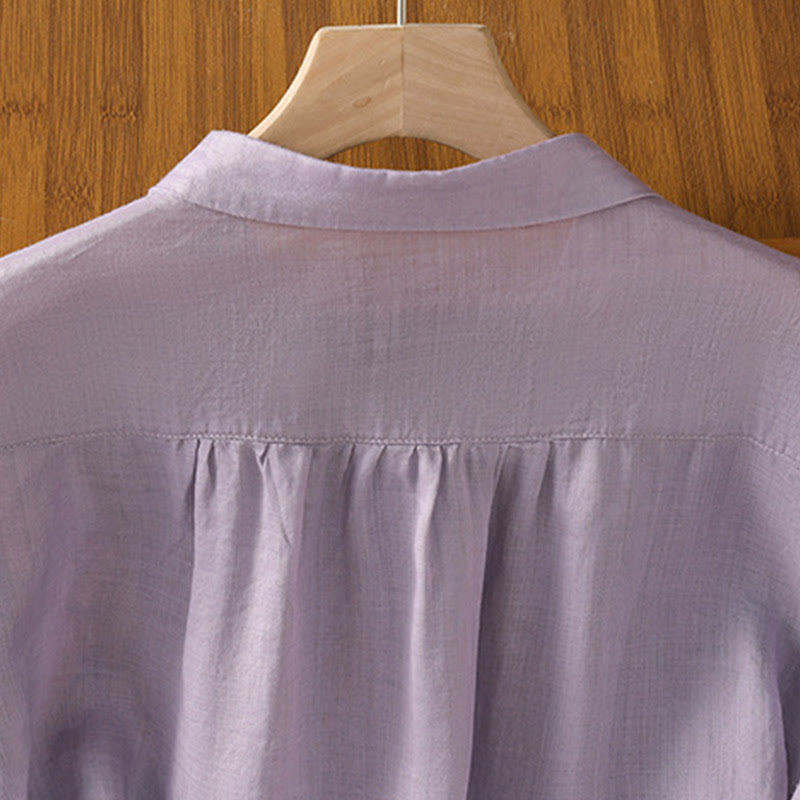 Chemise à manches courtes en coton pour femme avec col montant et boutons brodés de Buddha Stones