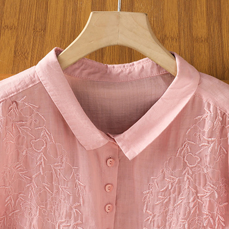 Chemise à manches courtes en coton pour femme avec col montant et boutons brodés de Buddha Stones  - image 9