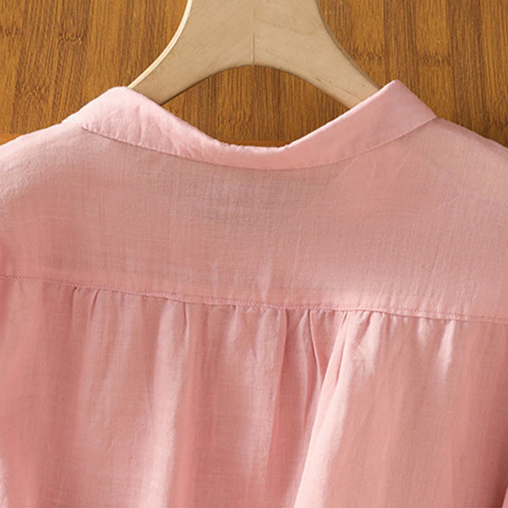 Chemise à manches courtes en coton pour femme avec col montant et boutons brodés de Buddha Stones  - image 10