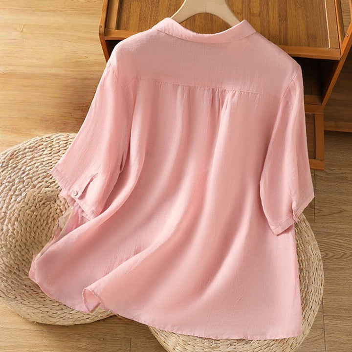 Chemise à manches courtes en coton pour femme avec col montant et boutons brodés de Buddha Stones