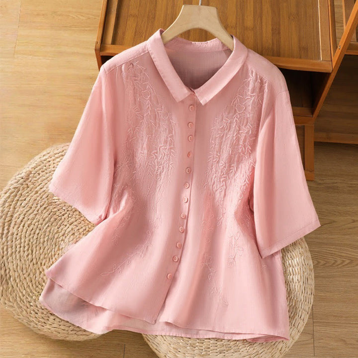 Chemise à manches courtes en coton pour femme avec col montant et boutons brodés de Buddha Stones  - Rose - US8-10，UK/AU12-14，EU40-42 (2XL) - image 7