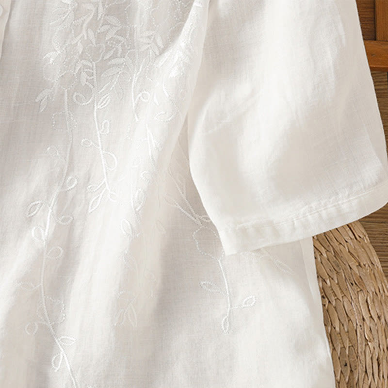 Chemise à manches courtes en coton pour femme avec col montant et boutons brodés de Buddha Stones